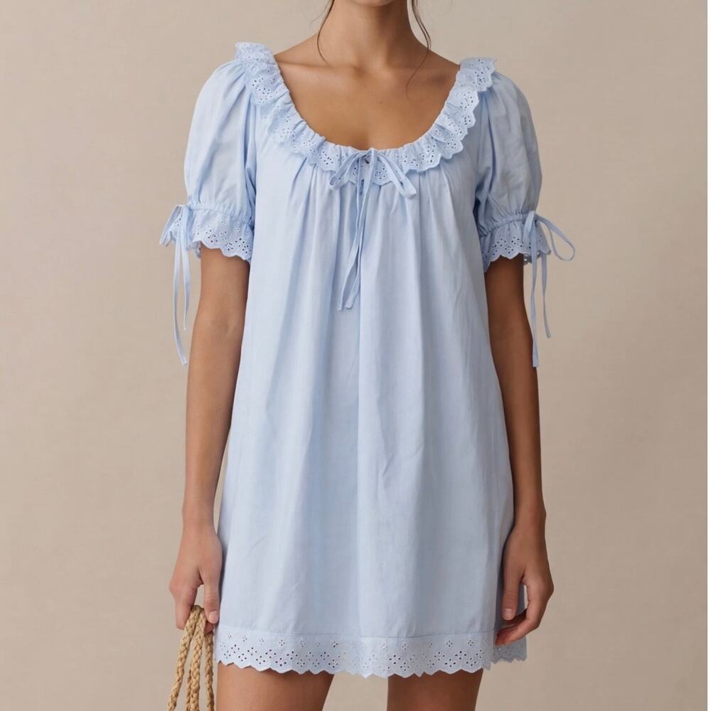 Light Blue Eyelet-Trim Mini Dress
